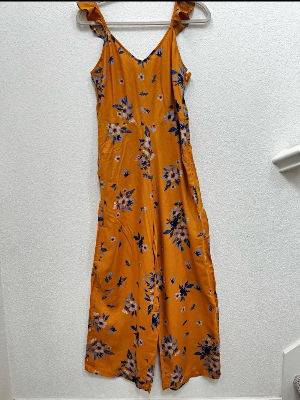 Jessica Simpson Mustard Floral Jumpsuit with Blue Accents